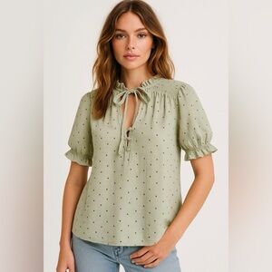 Flower & Feather Womens Round Neck Short Sleeve ‎ Blouse Green Large Polka Dot